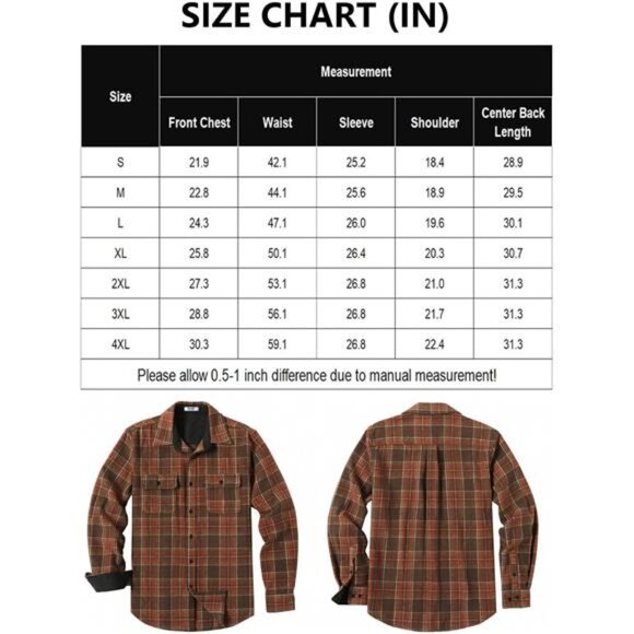 Men's Flannel Brown Shirts Long Sleeve Cotton Plaid Jacket Casual with Pockets - Picture 6 of 6